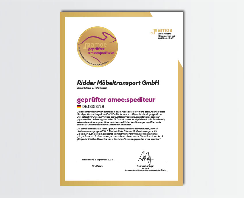 AMÖ-Zertifikat »geprüfter amoe:spediteur« von DMS Ridder